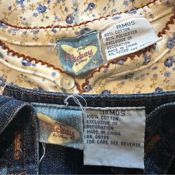 Vintage Disney Mickey and Minnie Mouse 2 pc Set Denim Overalls Dress and Onesie - Picture 8 of 9